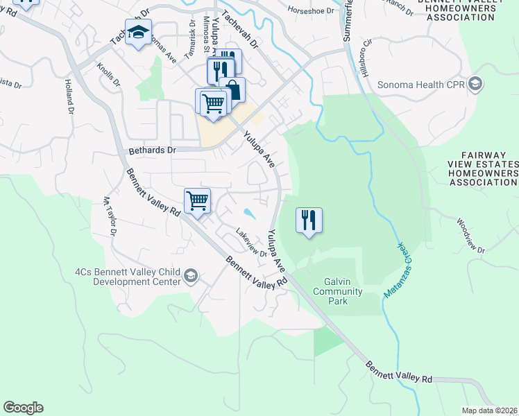 map of restaurants, bars, coffee shops, grocery stores, and more near 2318 Lakeview Drive in Santa Rosa