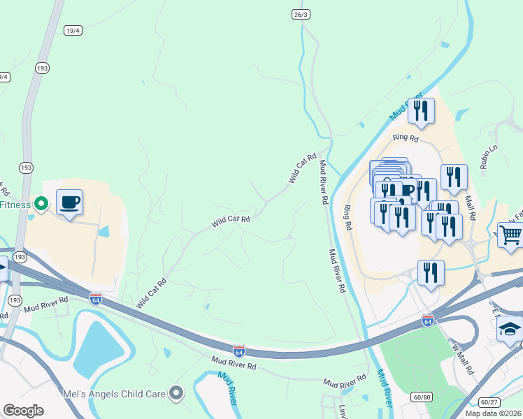 map of restaurants, bars, coffee shops, grocery stores, and more near 7118-7122 County Road 26 in Barboursville
