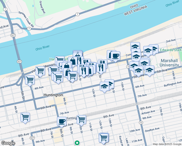 map of restaurants, bars, coffee shops, grocery stores, and more near 320 12th Street in Huntington