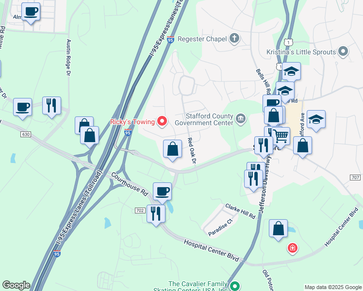 map of restaurants, bars, coffee shops, grocery stores, and more near 8 Birch Lane in Stafford