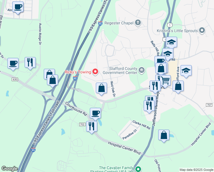 map of restaurants, bars, coffee shops, grocery stores, and more near 8 Birch Lane in Stafford