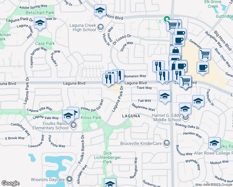 map of restaurants, bars, coffee shops, grocery stores, and more near 6727 Laguna Park Drive in Elk Grove
