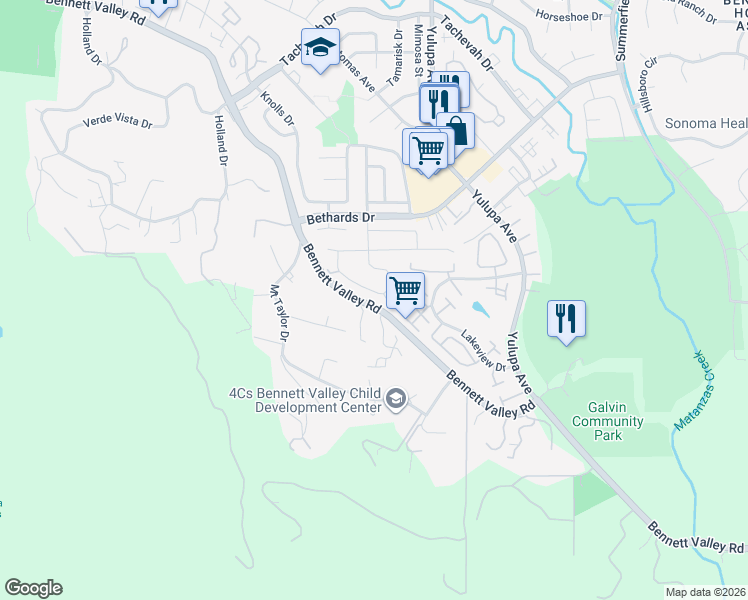 map of restaurants, bars, coffee shops, grocery stores, and more near 2760 Canterbury Drive in Santa Rosa