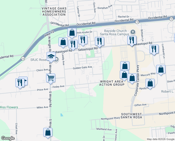 map of restaurants, bars, coffee shops, grocery stores, and more near 3798 Golden Gate Avenue in Santa Rosa