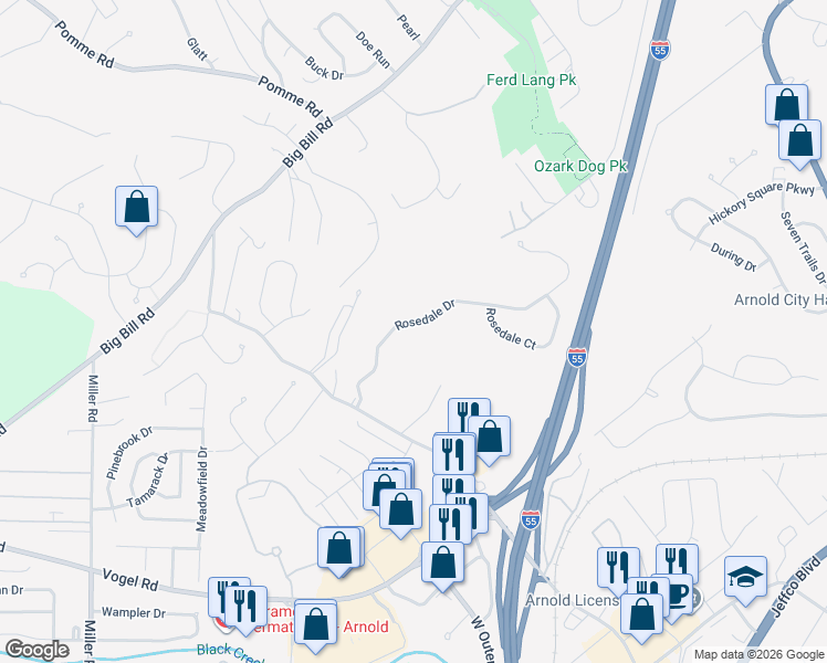 map of restaurants, bars, coffee shops, grocery stores, and more near 3242 Rosedale Drive in Arnold