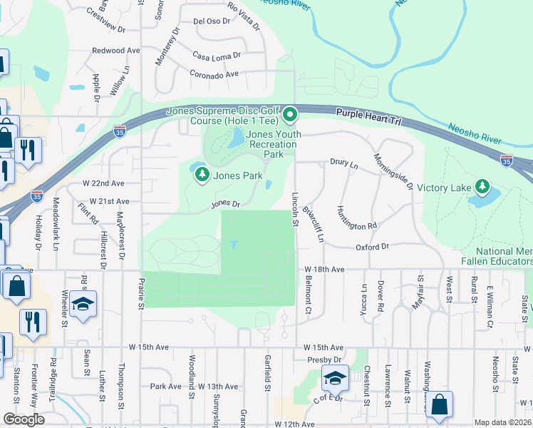 map of restaurants, bars, coffee shops, grocery stores, and more near 1534 West 20th Park Place in Emporia
