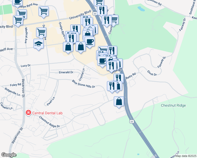 map of restaurants, bars, coffee shops, grocery stores, and more near 119 Emerald Drive in Harrisonburg