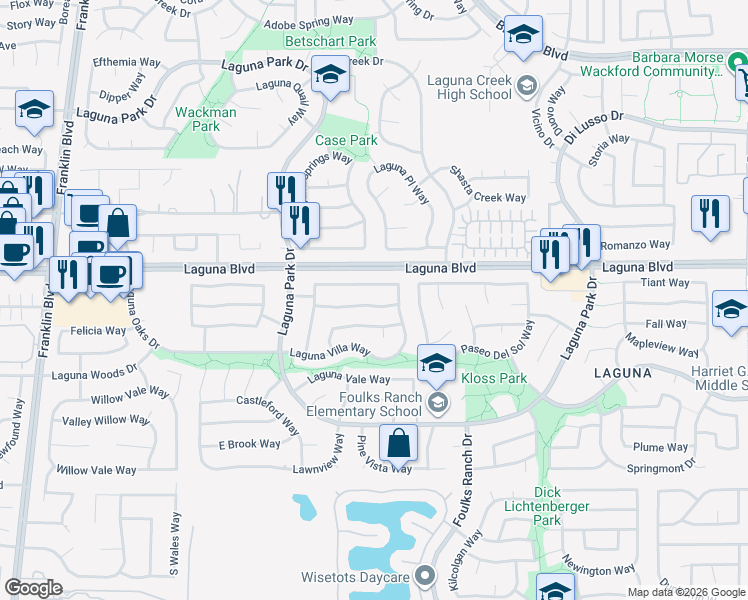 map of restaurants, bars, coffee shops, grocery stores, and more near 5845 Laguna Shore Way in Elk Grove
