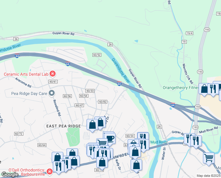 map of restaurants, bars, coffee shops, grocery stores, and more near 306 Garden Lane in Huntington