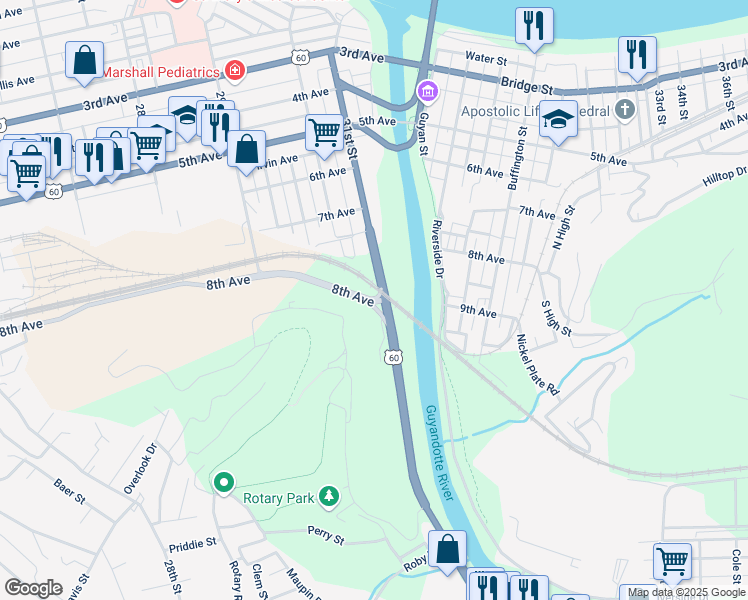 map of restaurants, bars, coffee shops, grocery stores, and more near 884 U.S. 60 in Huntington
