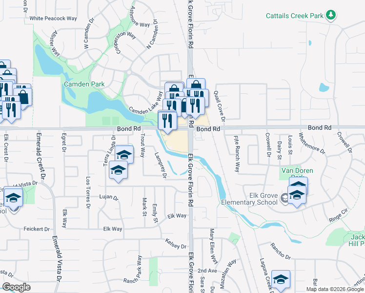 map of restaurants, bars, coffee shops, grocery stores, and more near 9240 Elk Grove Florin Road in Elk Grove