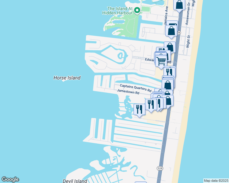 map of restaurants, bars, coffee shops, grocery stores, and more near 169 Jamestown Road in Ocean City