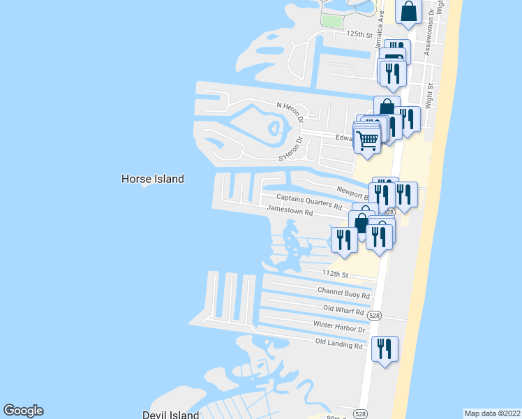 map of restaurants, bars, coffee shops, grocery stores, and more near 175a Jamestown Road in Ocean City