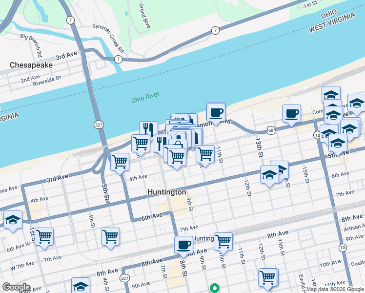 map of restaurants, bars, coffee shops, grocery stores, and more near 279 9th Street in Huntington
