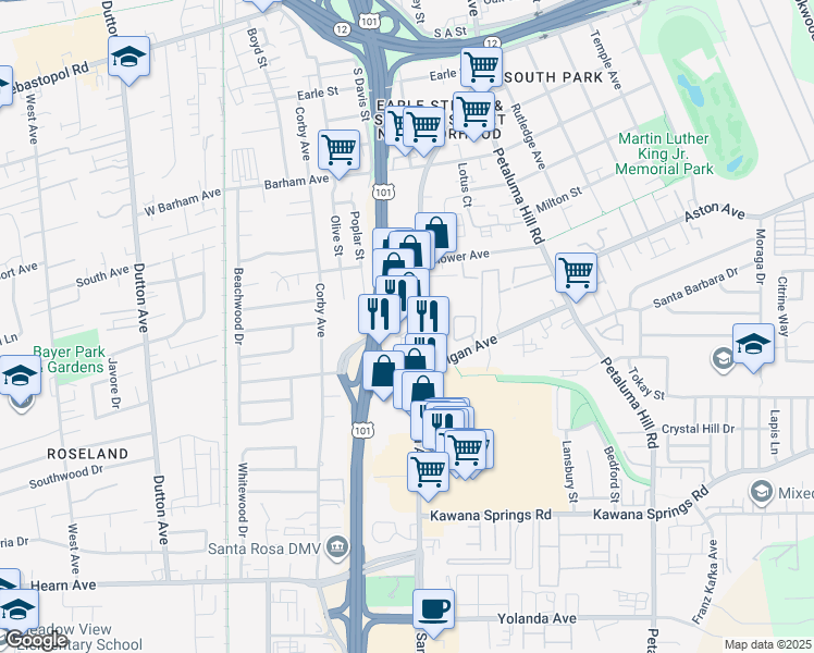 map of restaurants, bars, coffee shops, grocery stores, and more near 1600 Santa Rosa Avenue in Santa Rosa