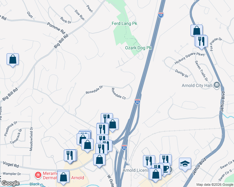 map of restaurants, bars, coffee shops, grocery stores, and more near 2072 Rosedale Court in Arnold