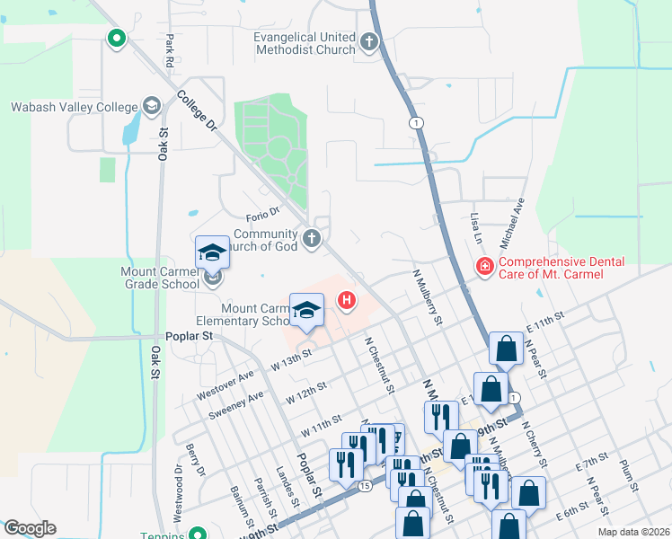 map of restaurants, bars, coffee shops, grocery stores, and more near 1401-1495 North Market Street in Mount Carmel