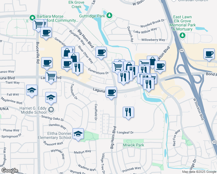 map of restaurants, bars, coffee shops, grocery stores, and more near in Elk Grove