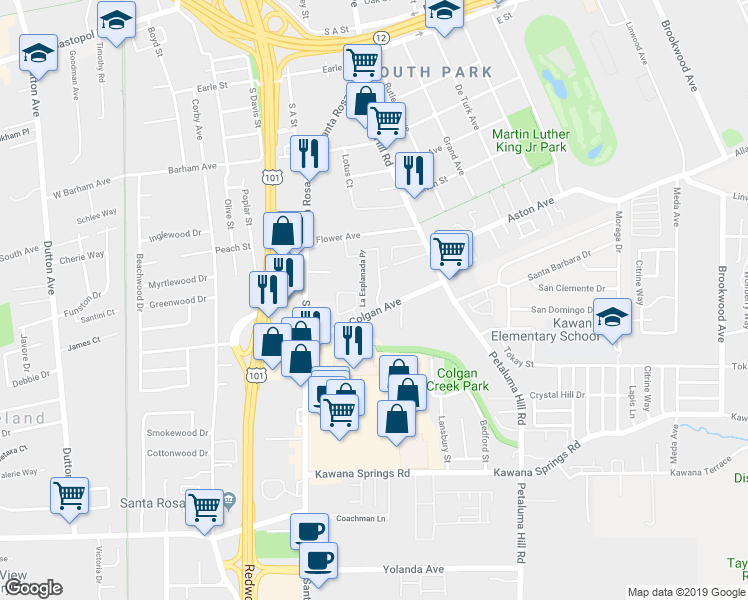 map of restaurants, bars, coffee shops, grocery stores, and more near 1581 La Esplanada Place in Santa Rosa