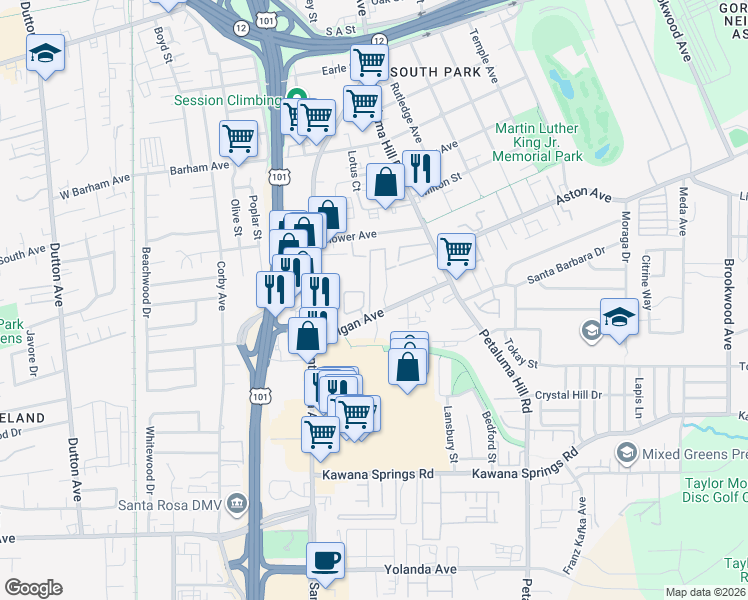 map of restaurants, bars, coffee shops, grocery stores, and more near 1581 La Esplanada Place in Santa Rosa