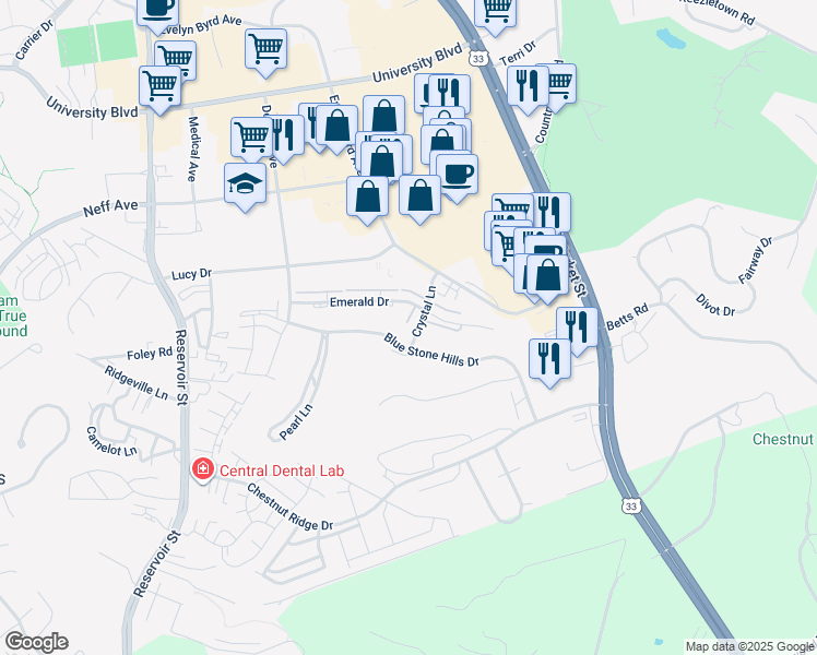 map of restaurants, bars, coffee shops, grocery stores, and more near 239 Blue Stone Hills Drive in Harrisonburg