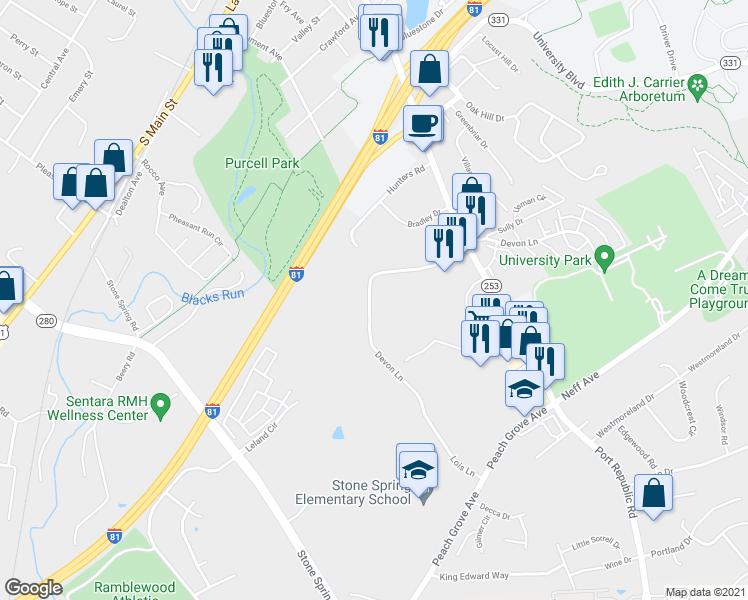 map of restaurants, bars, coffee shops, grocery stores, and more near 1433 Devon Lane in Harrisonburg