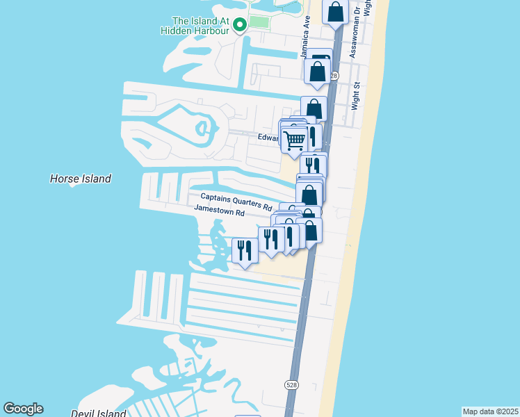 map of restaurants, bars, coffee shops, grocery stores, and more near 131 Captains Quarters Road in Ocean City