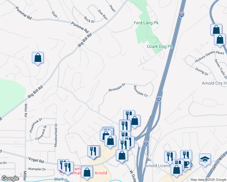 map of restaurants, bars, coffee shops, grocery stores, and more near 3242 Rosedale Drive in Arnold