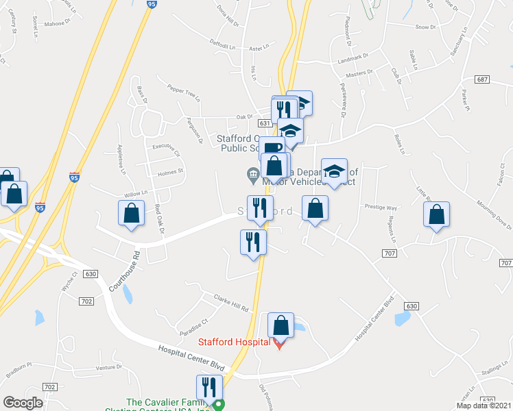 map of restaurants, bars, coffee shops, grocery stores, and more near 2119 Jefferson Davis Highway in Stafford