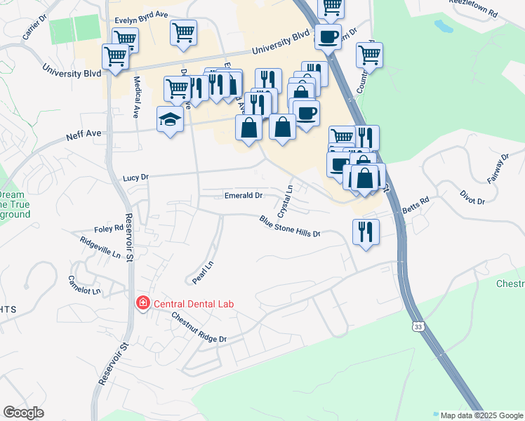 map of restaurants, bars, coffee shops, grocery stores, and more near 239 Blue Stone Hills Drive in Harrisonburg