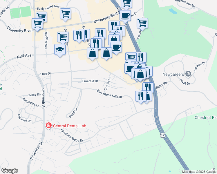 map of restaurants, bars, coffee shops, grocery stores, and more near 194 Emerald Drive in Harrisonburg