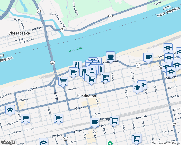 map of restaurants, bars, coffee shops, grocery stores, and more near 279 9th Street in Huntington