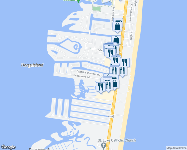 map of restaurants, bars, coffee shops, grocery stores, and more near 131 Captains Quarters Road in Ocean City