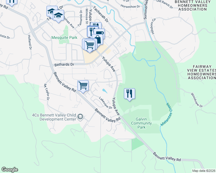map of restaurants, bars, coffee shops, grocery stores, and more near 2318 Lakeview Drive in Santa Rosa
