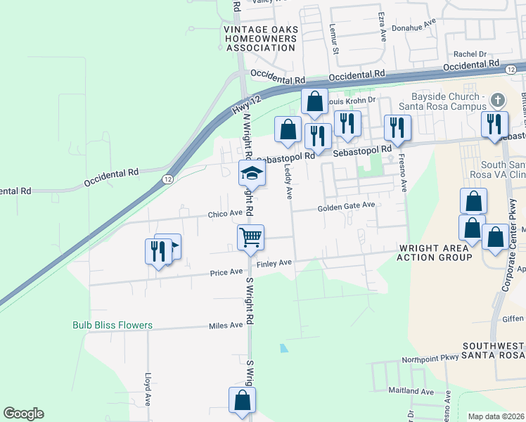 map of restaurants, bars, coffee shops, grocery stores, and more near S505 South Wright Road in Santa Rosa