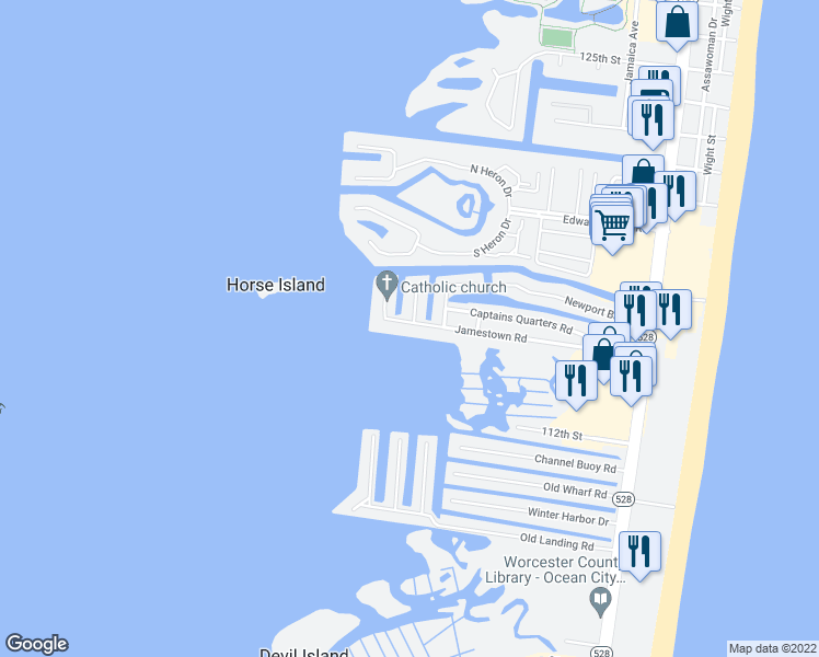 map of restaurants, bars, coffee shops, grocery stores, and more near 183 Jamestown Road in Ocean City