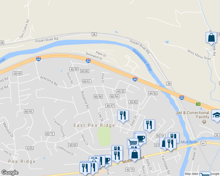 map of restaurants, bars, coffee shops, grocery stores, and more near 6294 Division Road in Huntington