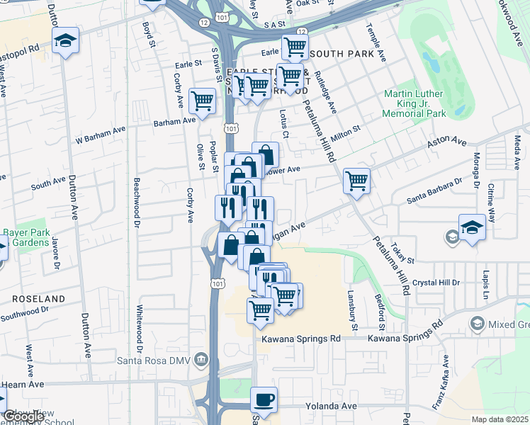 map of restaurants, bars, coffee shops, grocery stores, and more near 1600 Santa Rosa Avenue in Santa Rosa