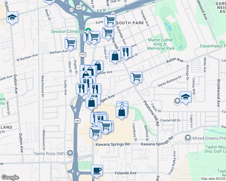 map of restaurants, bars, coffee shops, grocery stores, and more near 1581 La Esplanada Place in Santa Rosa