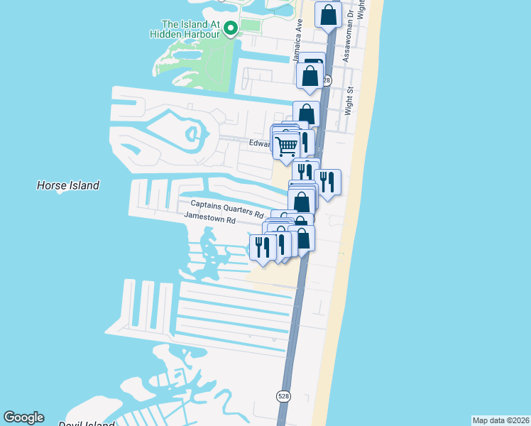map of restaurants, bars, coffee shops, grocery stores, and more near 117 Newport Bay Drive in Ocean City