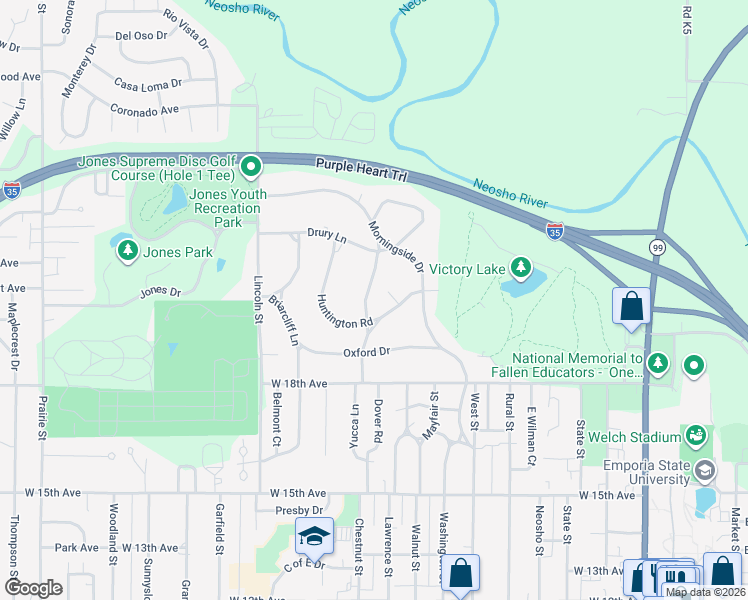 map of restaurants, bars, coffee shops, grocery stores, and more near 2014 Canterbury Road in Emporia