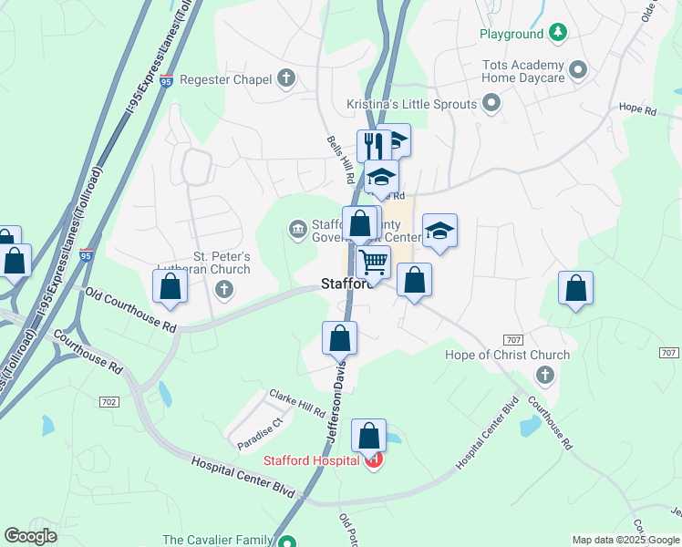 map of restaurants, bars, coffee shops, grocery stores, and more near 2111 Jefferson Davis Highway in Stafford