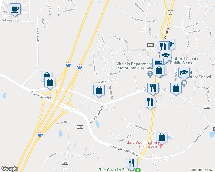 map of restaurants, bars, coffee shops, grocery stores, and more near 298 Red Oak Drive in Stafford