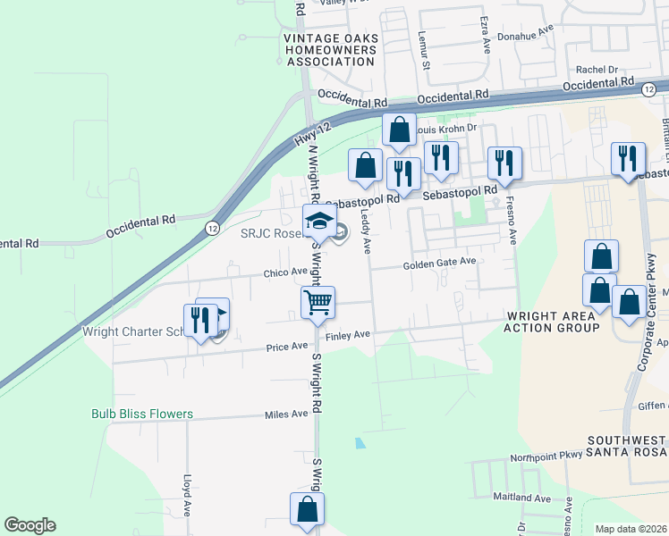 map of restaurants, bars, coffee shops, grocery stores, and more near 950 South Wright Road in Santa Rosa