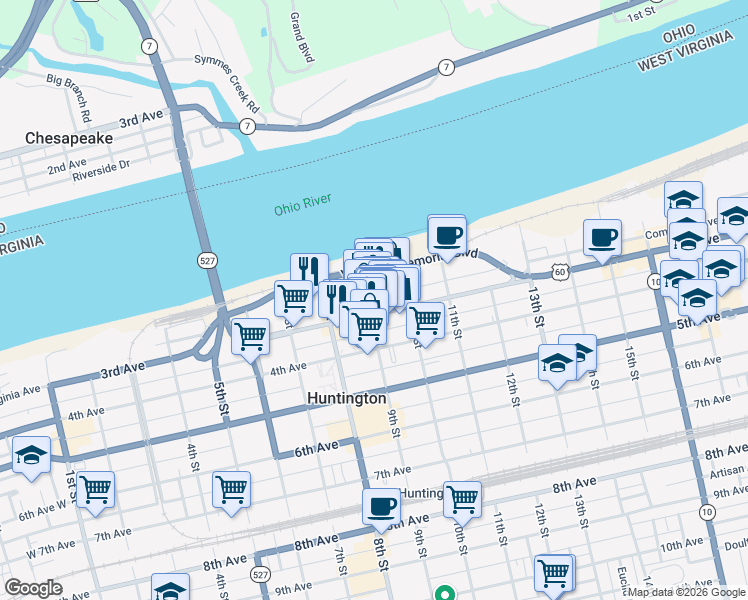 map of restaurants, bars, coffee shops, grocery stores, and more near 22 Pullman Square in Huntington