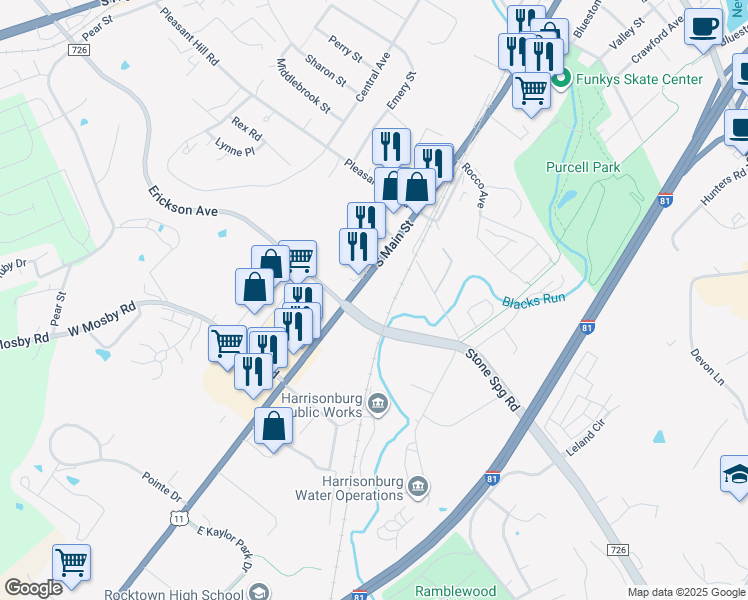 map of restaurants, bars, coffee shops, grocery stores, and more near 2020 S Main St in Harrisonburg