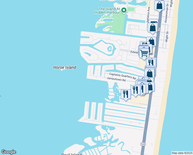 map of restaurants, bars, coffee shops, grocery stores, and more near 183 Jamestown Road in Ocean City