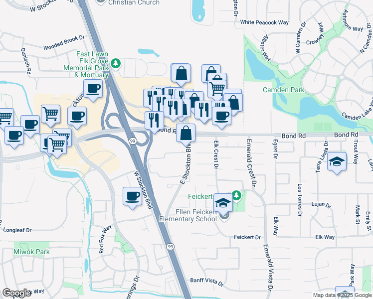 map of restaurants, bars, coffee shops, grocery stores, and more near 9220 East Stockton Boulevard in Elk Grove