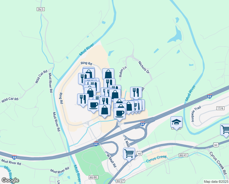 map of restaurants, bars, coffee shops, grocery stores, and more near 100 Mall Road in Barboursville