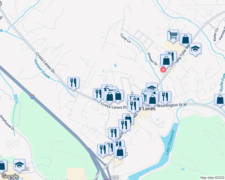 map of restaurants, bars, coffee shops, grocery stores, and more near 567 Stewart Park in Cross Lanes